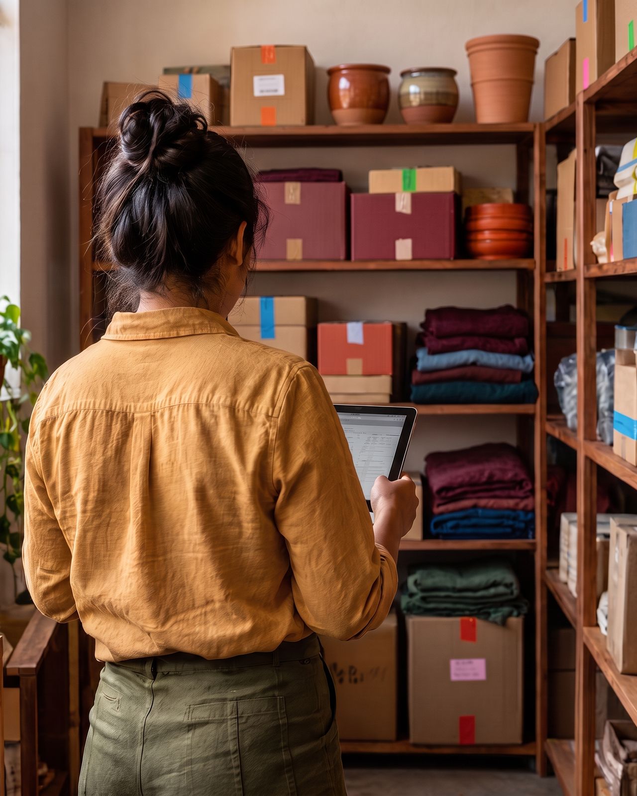 Dueña de una tienda revisando su inventario en una tablet